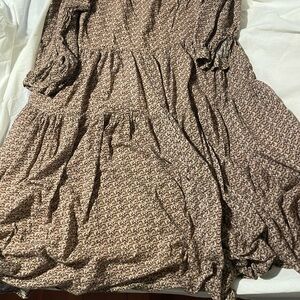 Laude the Label Brown Patterned Dress Flowy Long Sleeve Boho Fall Flirty